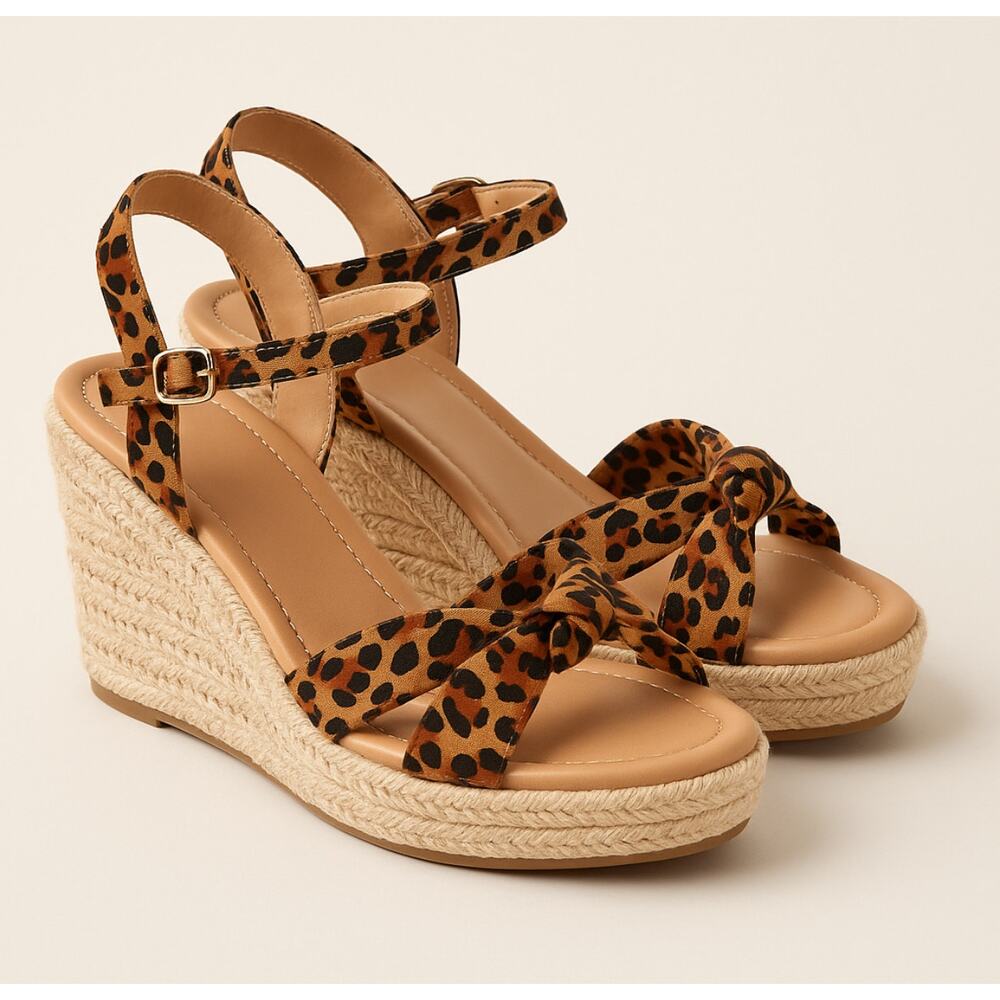 Leopard Print Wedge Sandals Women’s 8.5 Espadrille Platform Bow Strappy Shoes